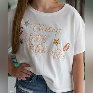 Peach Love California White Tee with Gold and Silver Accents